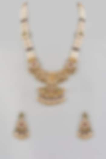 Rose Gold Finish Pearl layered Necklace Set by Saptam jewels at Pernia's Pop Up Shop