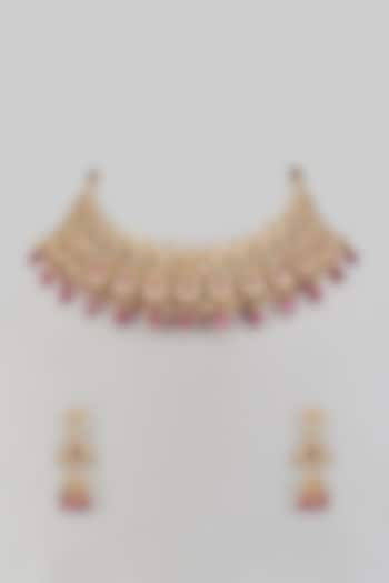 Rose Gold Finish Diamond & Ruby Stone Choker Necklace Set by Saptam jewels at Pernia's Pop Up Shop