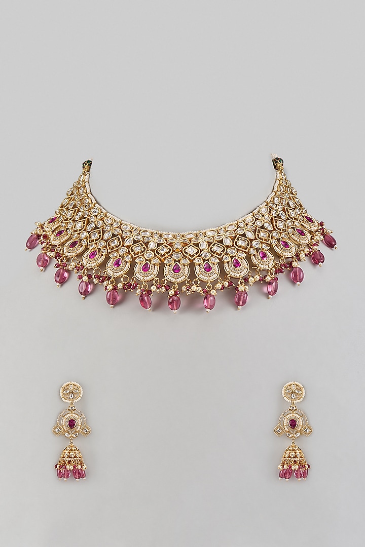 Rose Gold Finish Diamond & Ruby Stone Choker Necklace Set by Saptam jewels at Pernia's Pop Up Shop