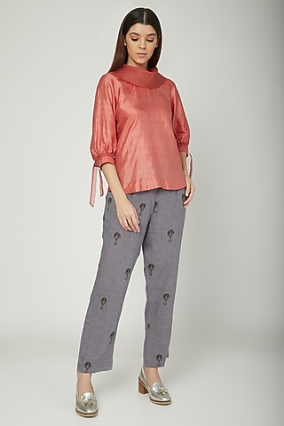 Coral Blouse With Neck Detailing by Sneha Arora
