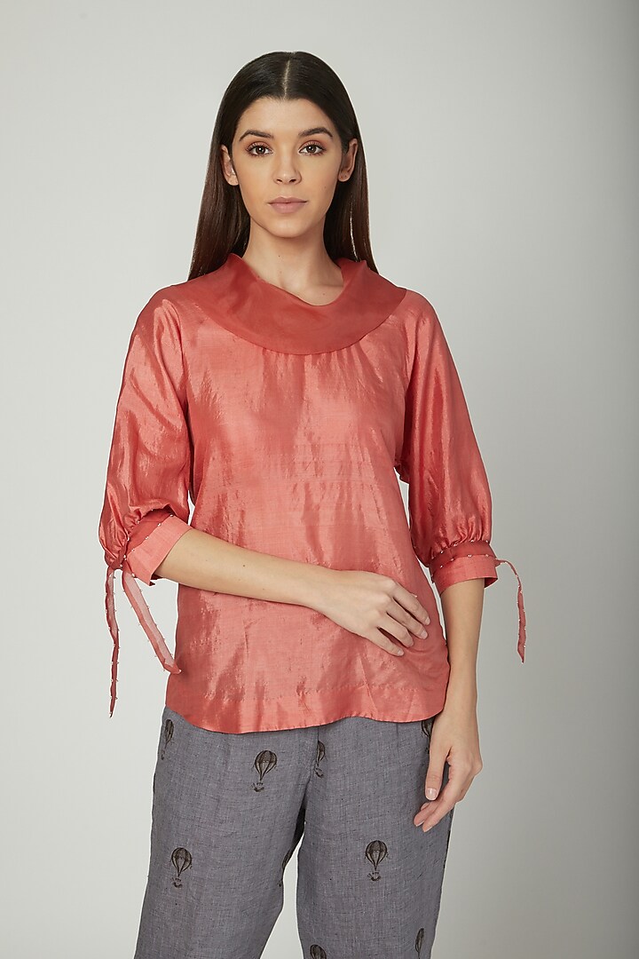 Coral Blouse With Neck Detailing by Sneha Arora at Pernia's Pop Up Shop