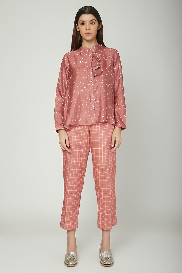 Coral Printed Shirt With Checkered Trousers by Sneha Arora