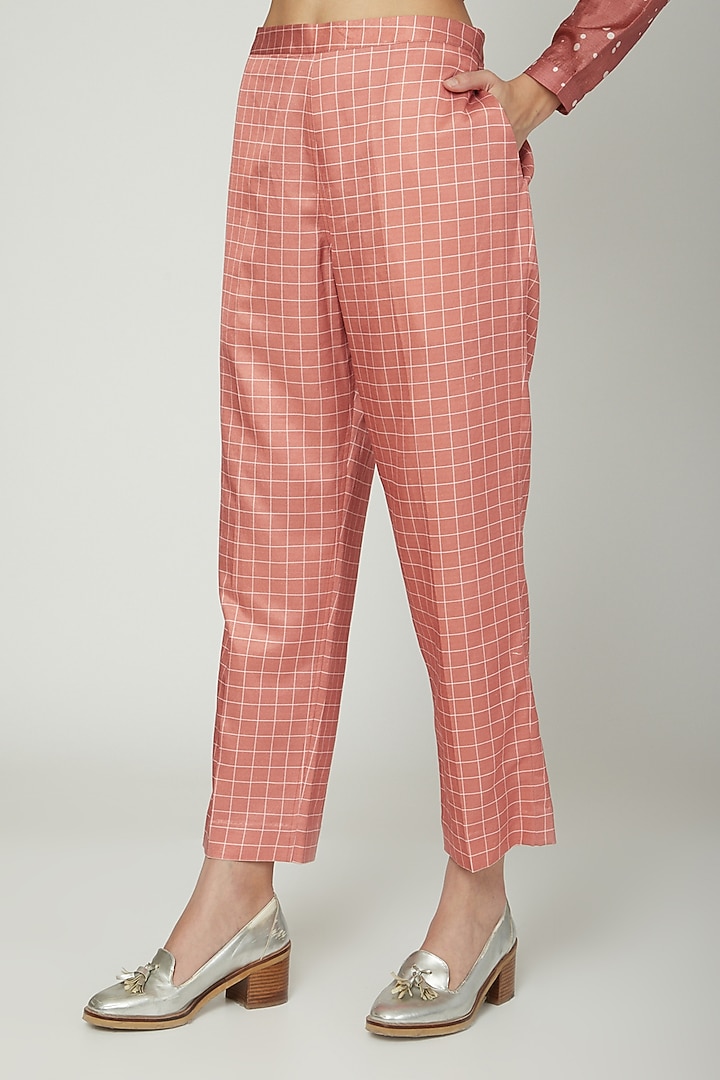 Coral Printed Shirt With Checkered Trousers by Sneha Arora at Pernia's Pop Up Shop