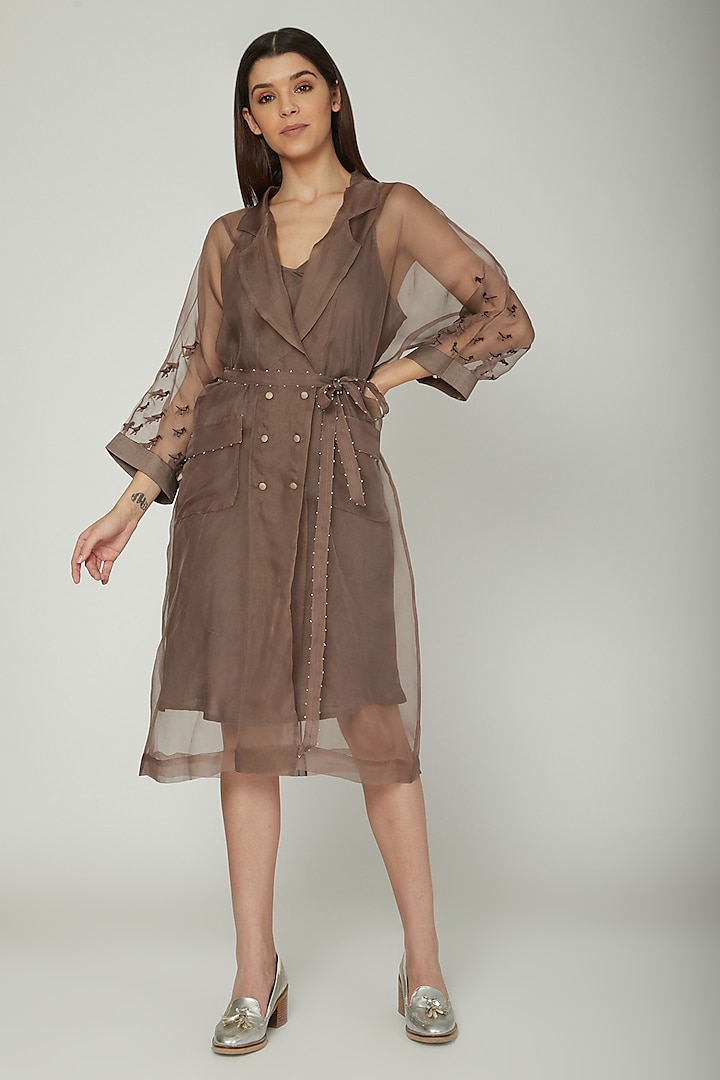 Mud Brown Embroidered Jacket With Inner & Belt by Sneha Arora