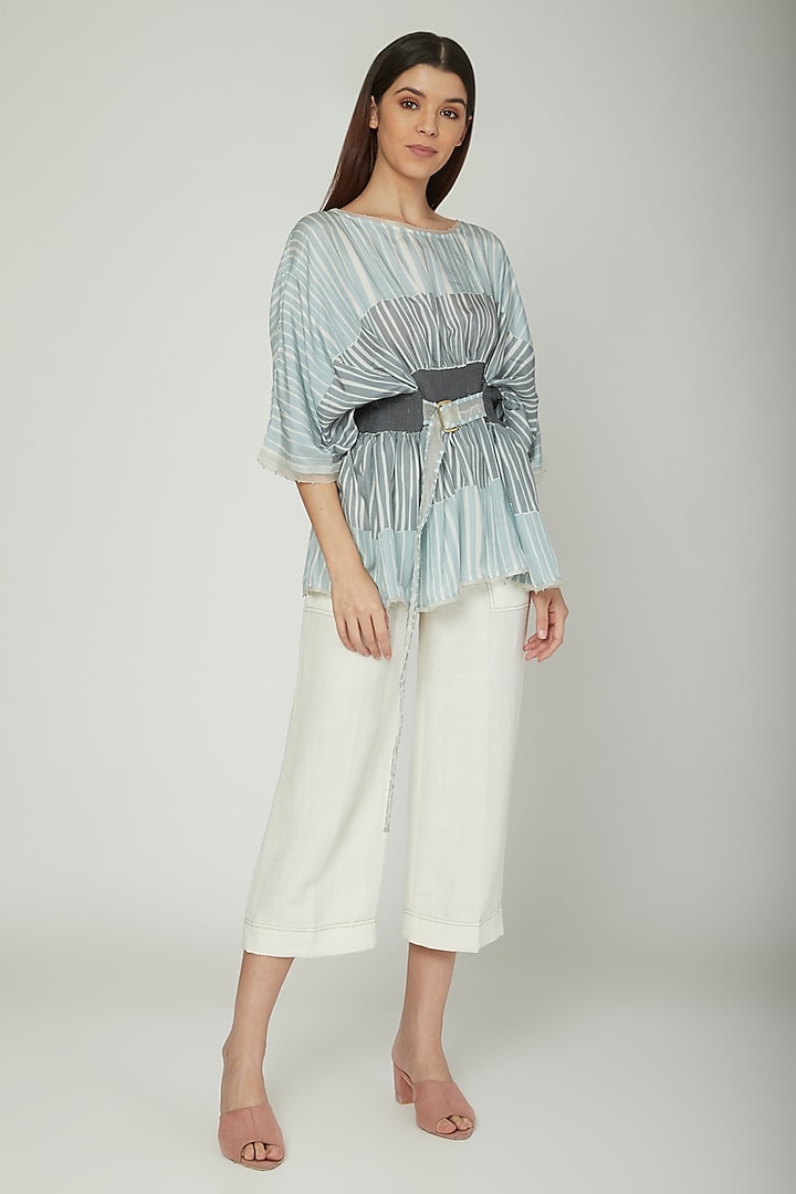 Powder Blue Flared Blouse With Belt by Sneha Arora at Pernia's Pop Up Shop