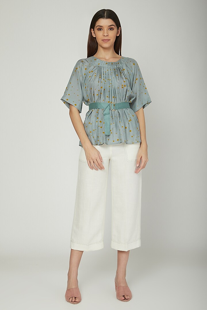 Dark Turquoise Pleated Blouse With Belt by Sneha Arora