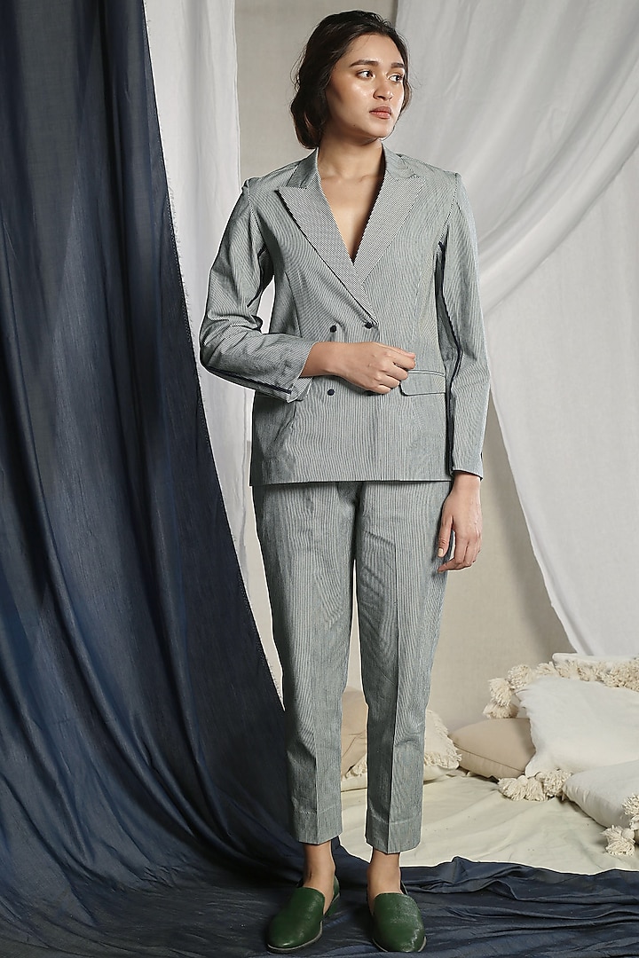 Grey Striped Blazer Set by Sneha Arora