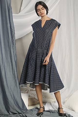 Dark Blue Dress With Organza Detailing by Sneha Arora