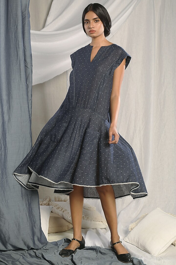 Dark Blue Summer Dress With Organza Detailing by Sneha Arora at Pernia's Pop Up Shop