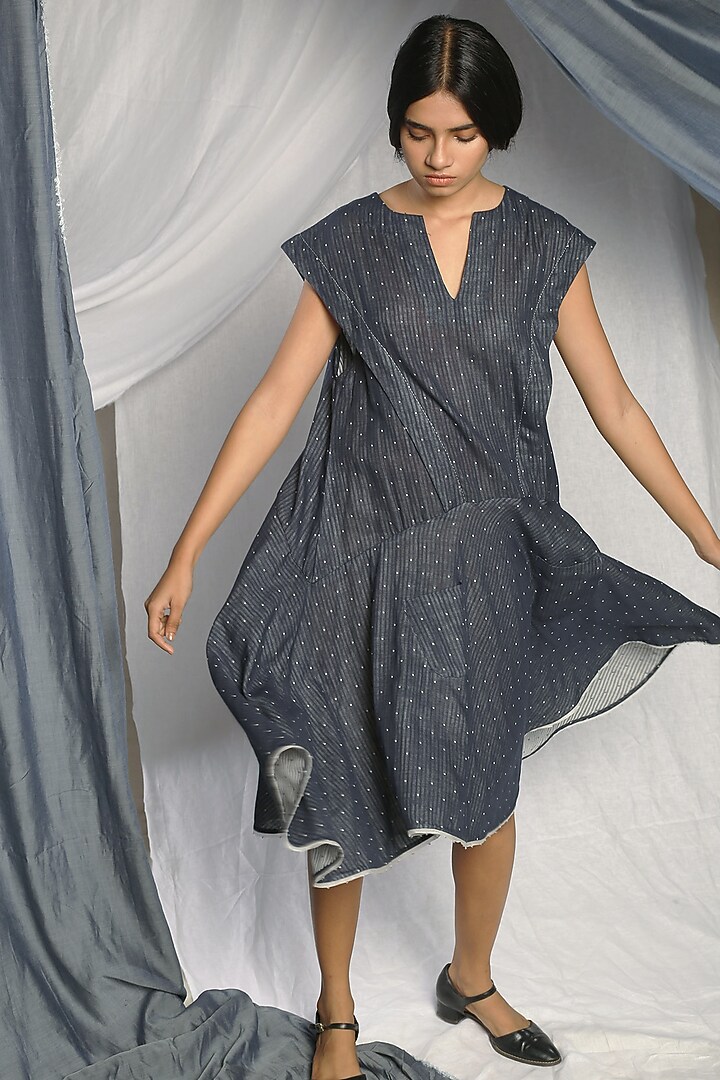 Dark Blue Summer Dress With Organza Detailing by Sneha Arora at Pernia's Pop Up Shop