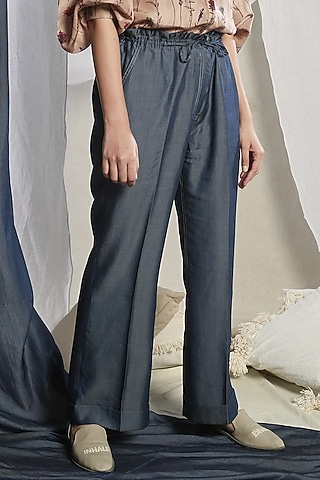 Steel Blue Pleated Pants by Sneha Arora