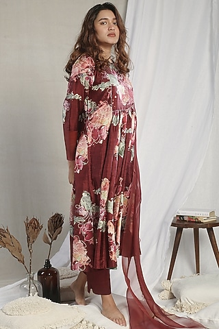 Wine Printed Kurta Set by Sneha Arora