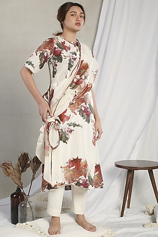 White Printed Kurta Set by Sneha Arora