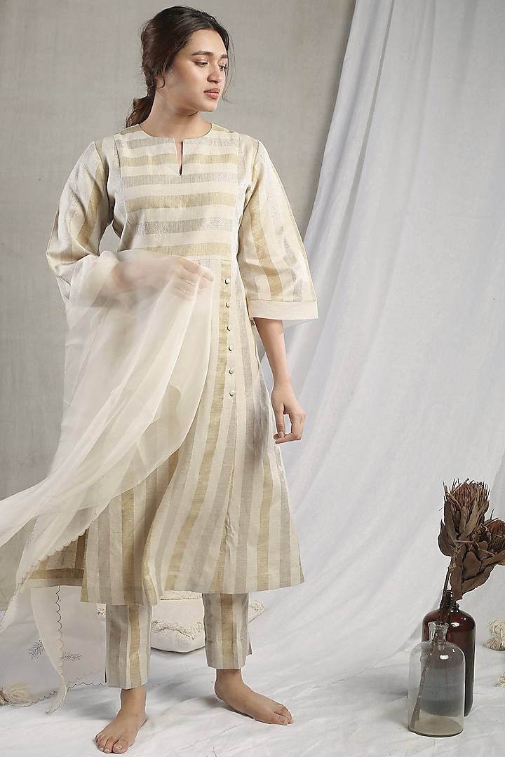 White Linen Striped Kurta Set by Sneha Arora