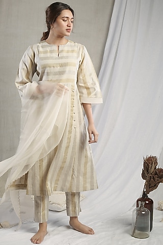 White Linen Striped Kurta Set by Sneha Arora