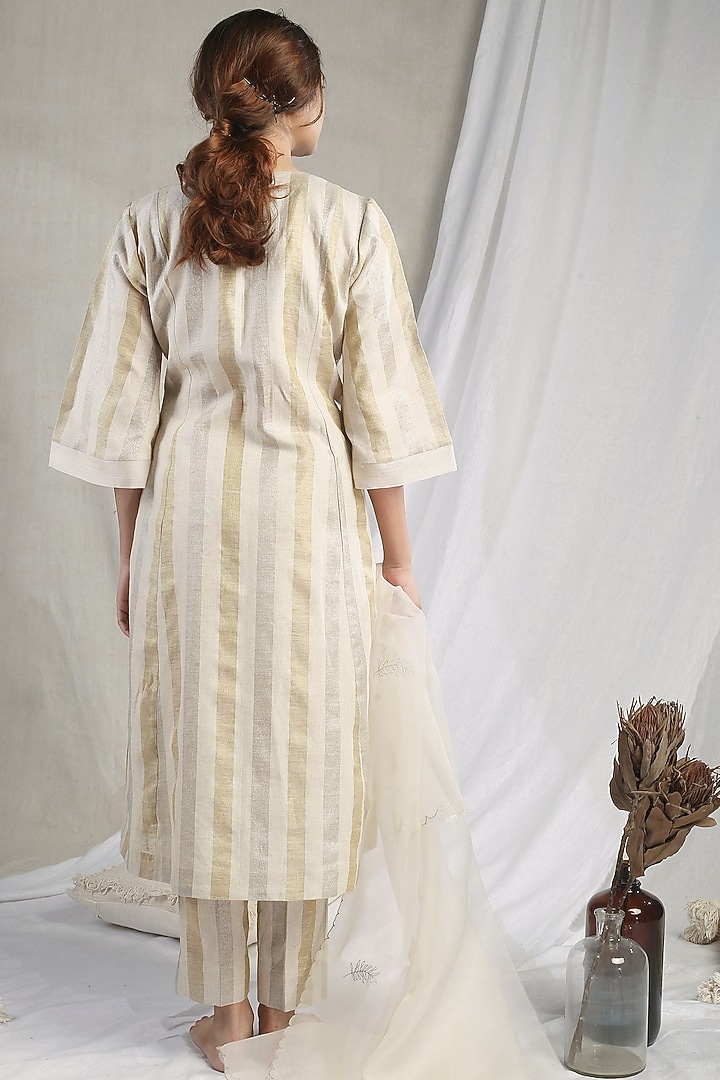 White Linen Striped Kurta Set by Sneha Arora at Pernia's Pop Up Shop