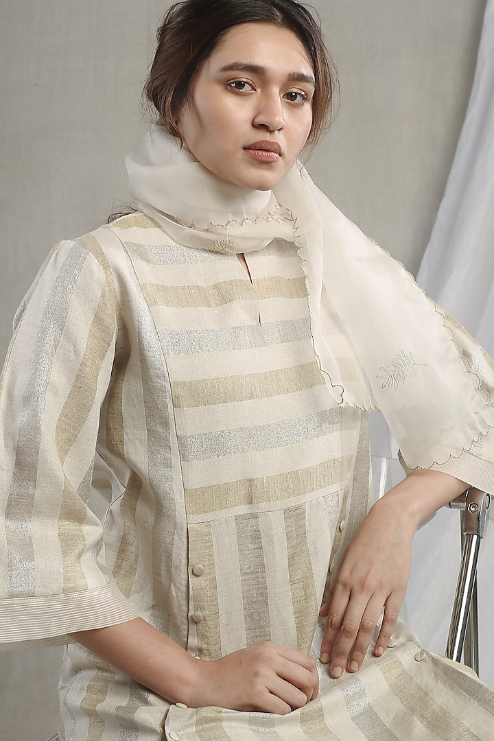 White Linen Striped Kurta Set by Sneha Arora at Pernia's Pop Up Shop