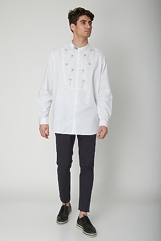 White Embroidered Cotton Shirt by Sneha Arora Men