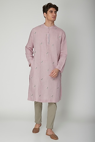 Mauve Embroidered Linen Kurta by Sneha Arora Men