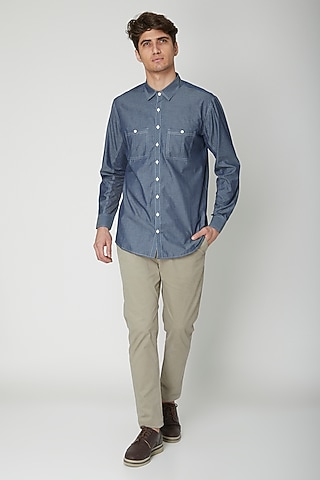 Cobalt Blue Detailed Cotton Shirt by Sneha Arora Men