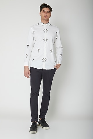 White Printed Cotton Shirt by Sneha Arora Men