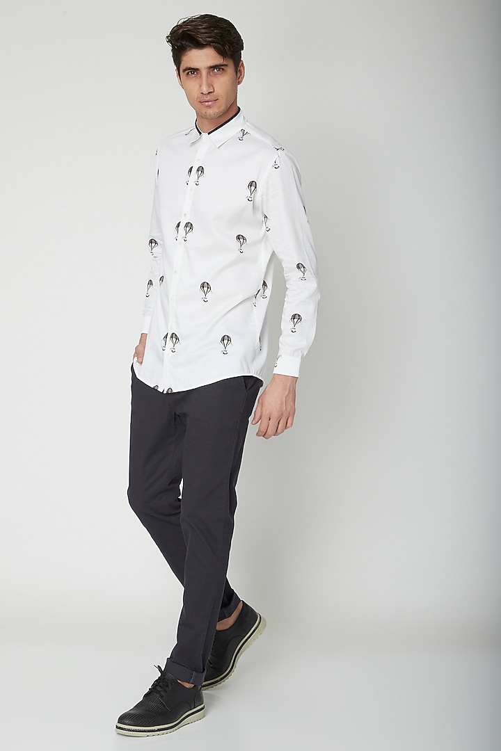 White Printed Cotton Party Wear Shirt by Sneha Arora Men at Pernia's Pop Up Shop