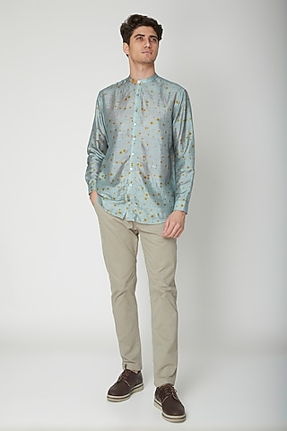 Turquoise Polka Printed Silk Shirt by Sneha Arora Men