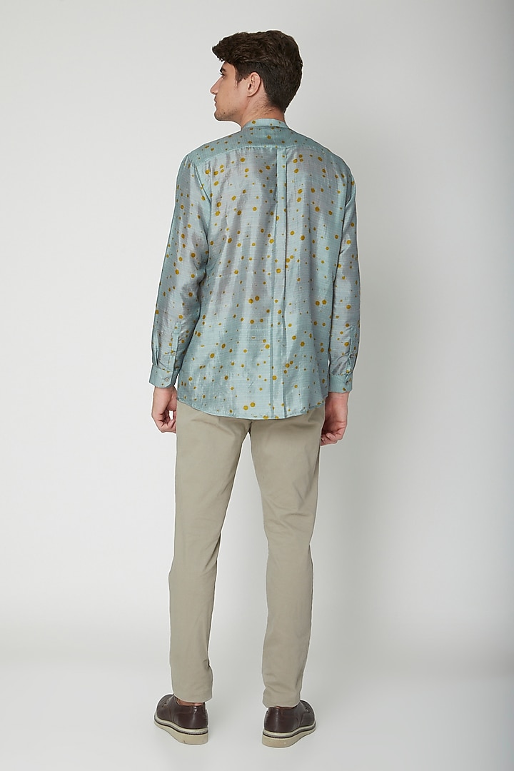 Turquoise Polka Printed Silk Party Wear Shirt by Sneha Arora Men at Pernia's Pop Up Shop