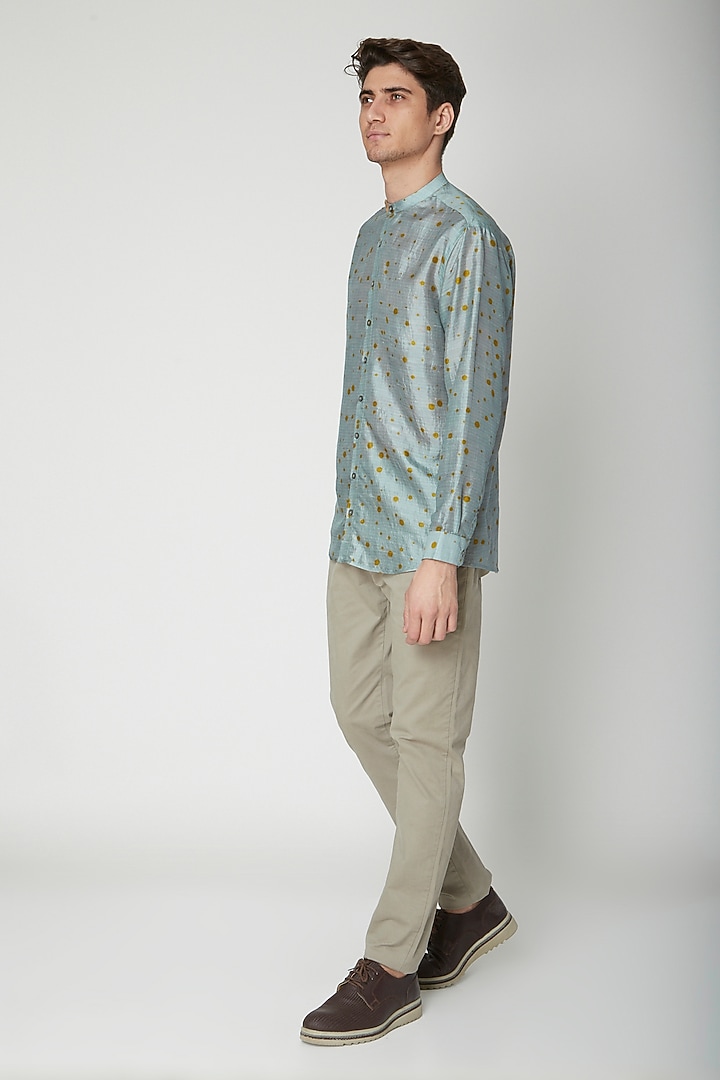 Turquoise Polka Printed Silk Party Wear Shirt by Sneha Arora Men at Pernia's Pop Up Shop