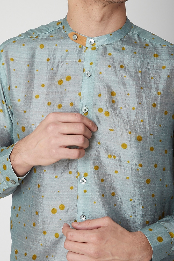 Turquoise Polka Printed Silk Party Wear Shirt by Sneha Arora Men at Pernia's Pop Up Shop