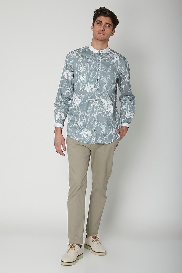 Turquoise Floral Printed Shirt by Sneha Arora Men
