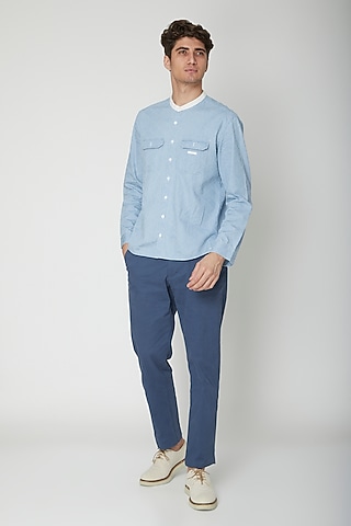 Sky Blue Detailed Cotton Shirt by Sneha Arora Men