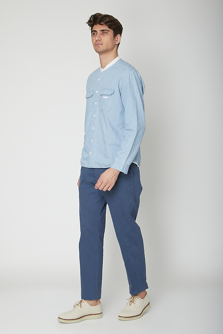 Sky Blue Detailed Cotton Party Wear Shirt by Sneha Arora Men at Pernia's Pop Up Shop