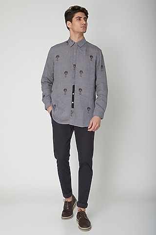 Grey Printed Linen Shirt by Sneha Arora Men
