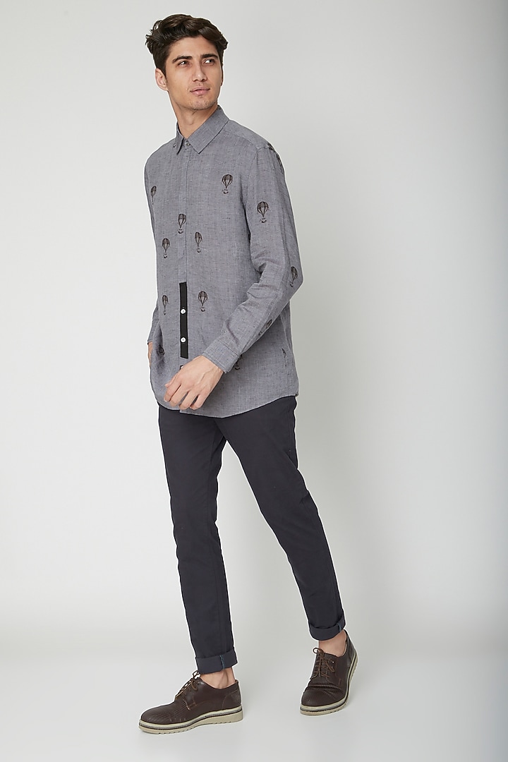 Grey Printed Linen Party Wear Shirt by Sneha Arora Men at Pernia's Pop Up Shop