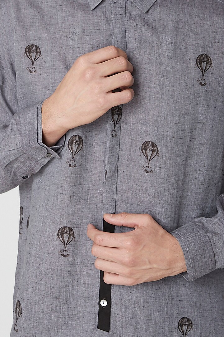 Grey Printed Linen Party Wear Shirt by Sneha Arora Men at Pernia's Pop Up Shop