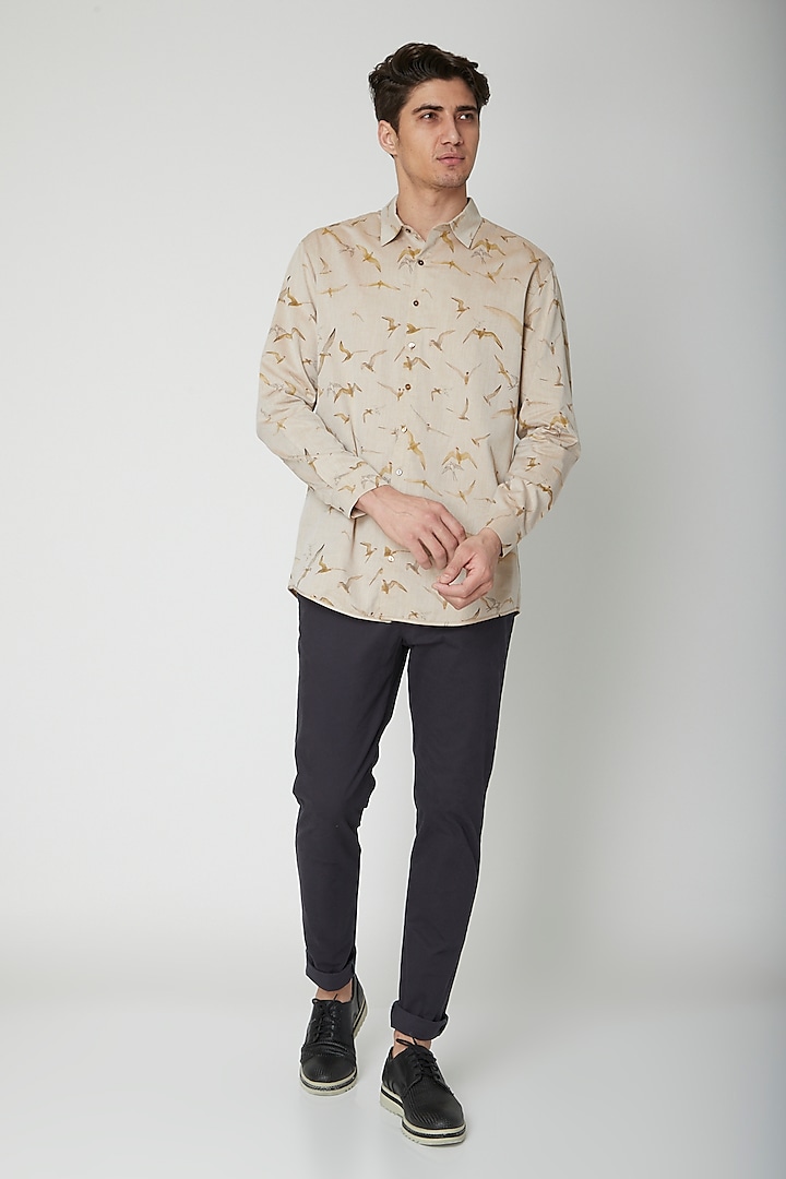 Beige Printed Cotton Shirt by Sneha Arora Men