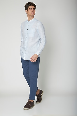 Sky Blue Detailed Linen Shirt by Sneha Arora Men