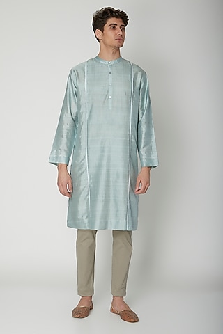 Turquoise Detailed Silk Kurta by Sneha Arora Men