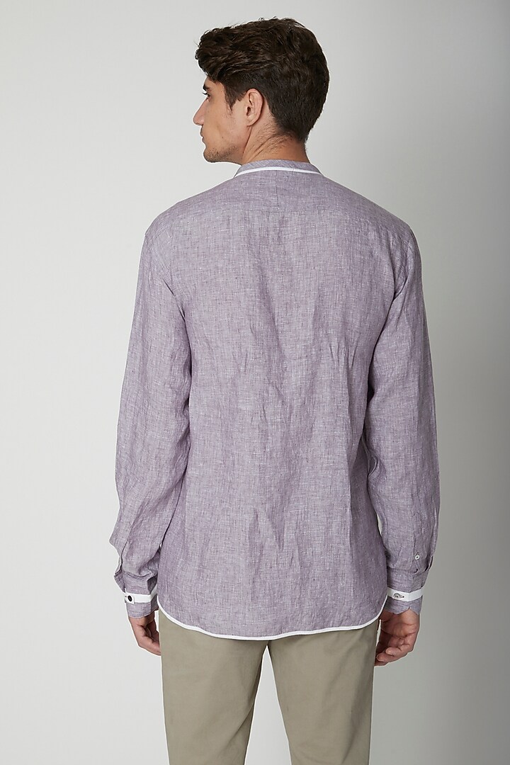 Mauve Embroidered Linen Party Wear Shirt by Sneha Arora Men at Pernia's Pop Up Shop