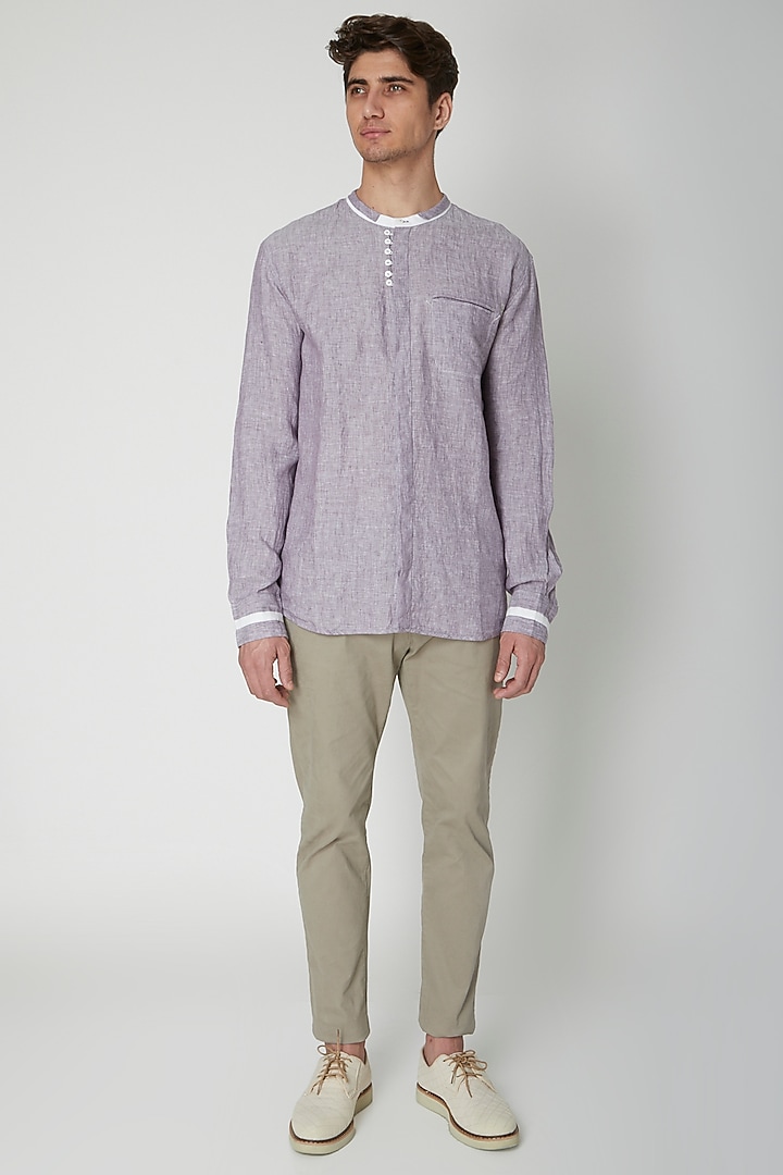 Mauve Embroidered Linen Party Wear Shirt by Sneha Arora Men at Pernia's Pop Up Shop
