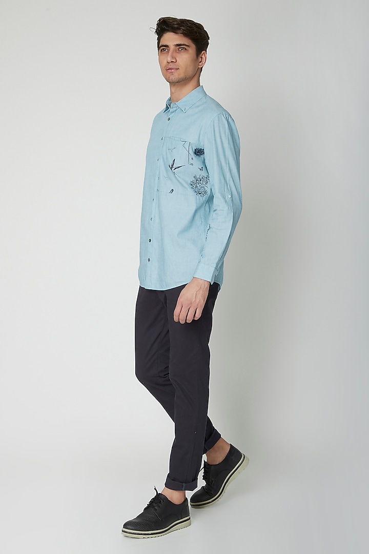 Turquoise Detailed Cotton Party Wear Shirt by Sneha Arora Men at Pernia's Pop Up Shop