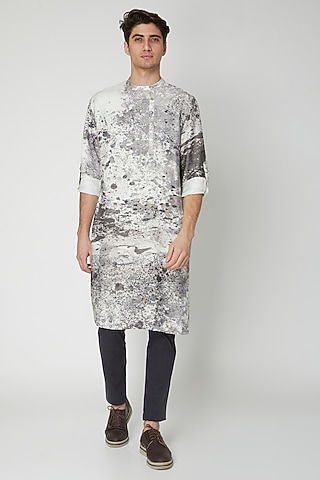 White Printed Linen & Silk Kurta by Sneha Arora Men