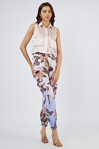 Pink Linen Silk Ombre Printed Cargo Jogger Pant Set by Sar kandy