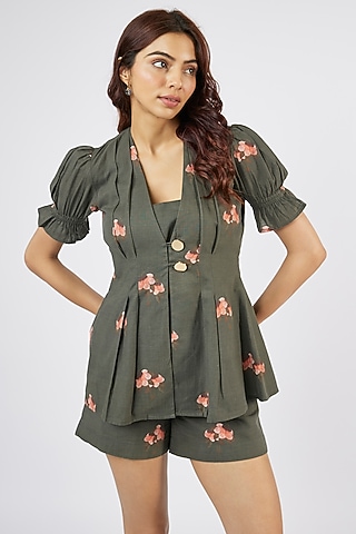Green Cotton Linen Co-Ord Set by Sar kandy