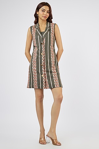 Green Cotton Linen Striped Mini Blazer Dress by Sar kandy