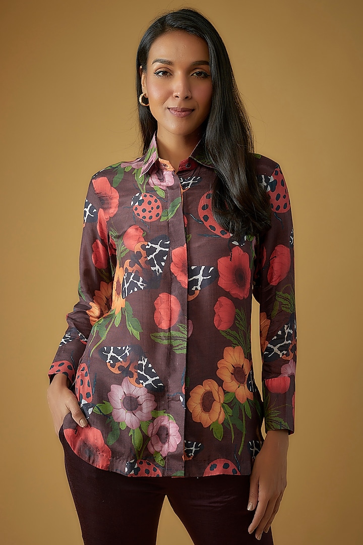 Maroon Silk Cotton Floral Printed High-Low Shirt by Sar kandy at Pernia's Pop Up Shop