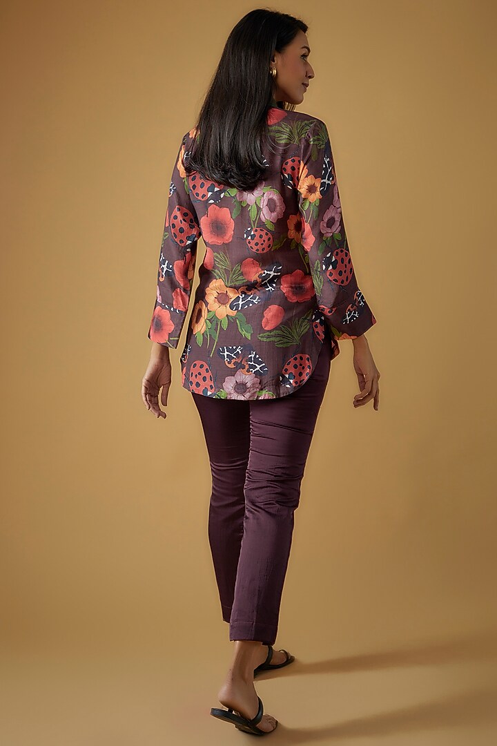 Maroon Silk Cotton Floral Printed High-Low Shirt by Sar kandy at Pernia's Pop Up Shop