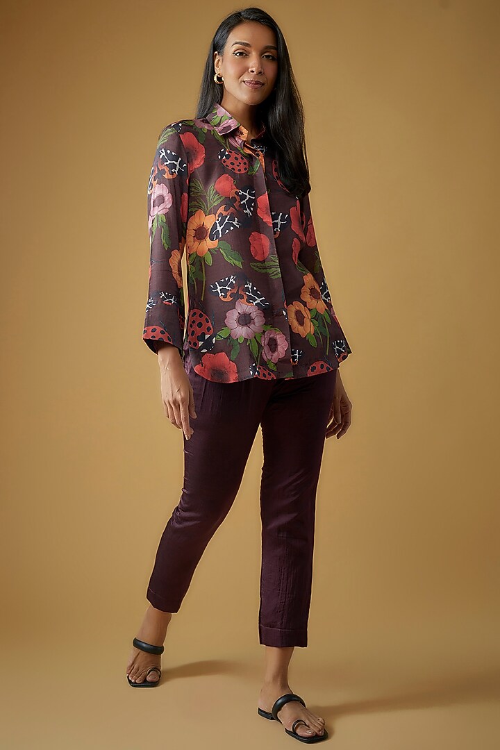 Maroon Silk Cotton Floral Printed High-Low Shirt by Sar kandy at Pernia's Pop Up Shop