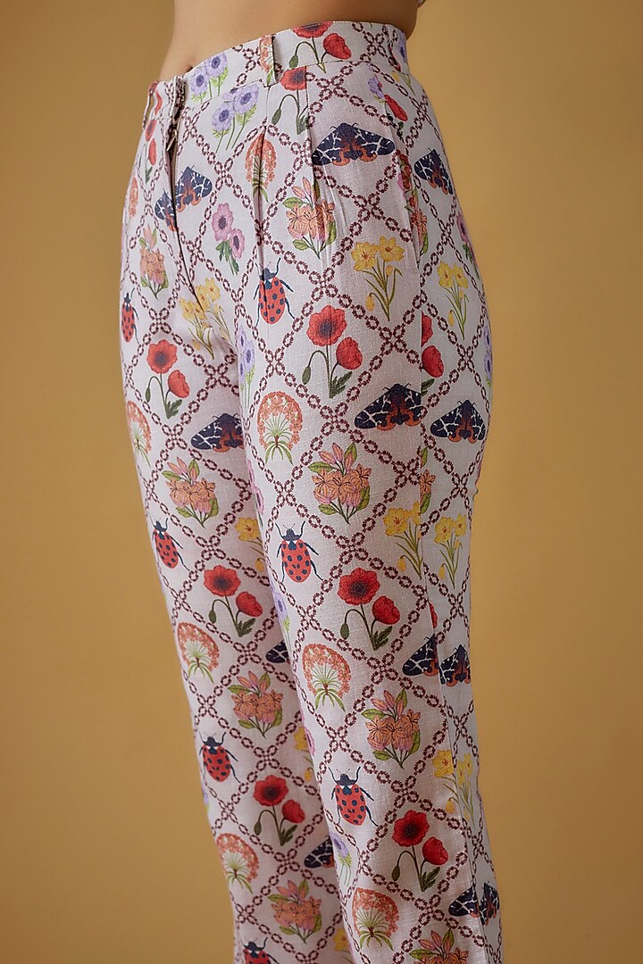 Pink Linen Cotton Floral Printed Pants Design by Sar kandy at